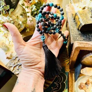 Skull Turquoise And Lava Stone Mala Necklace